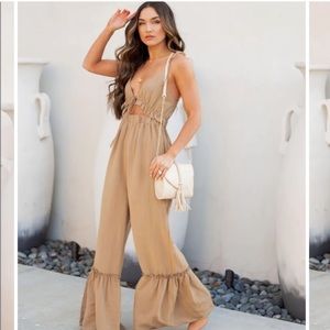 VICI GIVE A LITTLE CUTOUT RUFFLE TIE JUMPSUIT